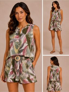Tahari Green Pink Leaf Print Sleeveless top & shorts